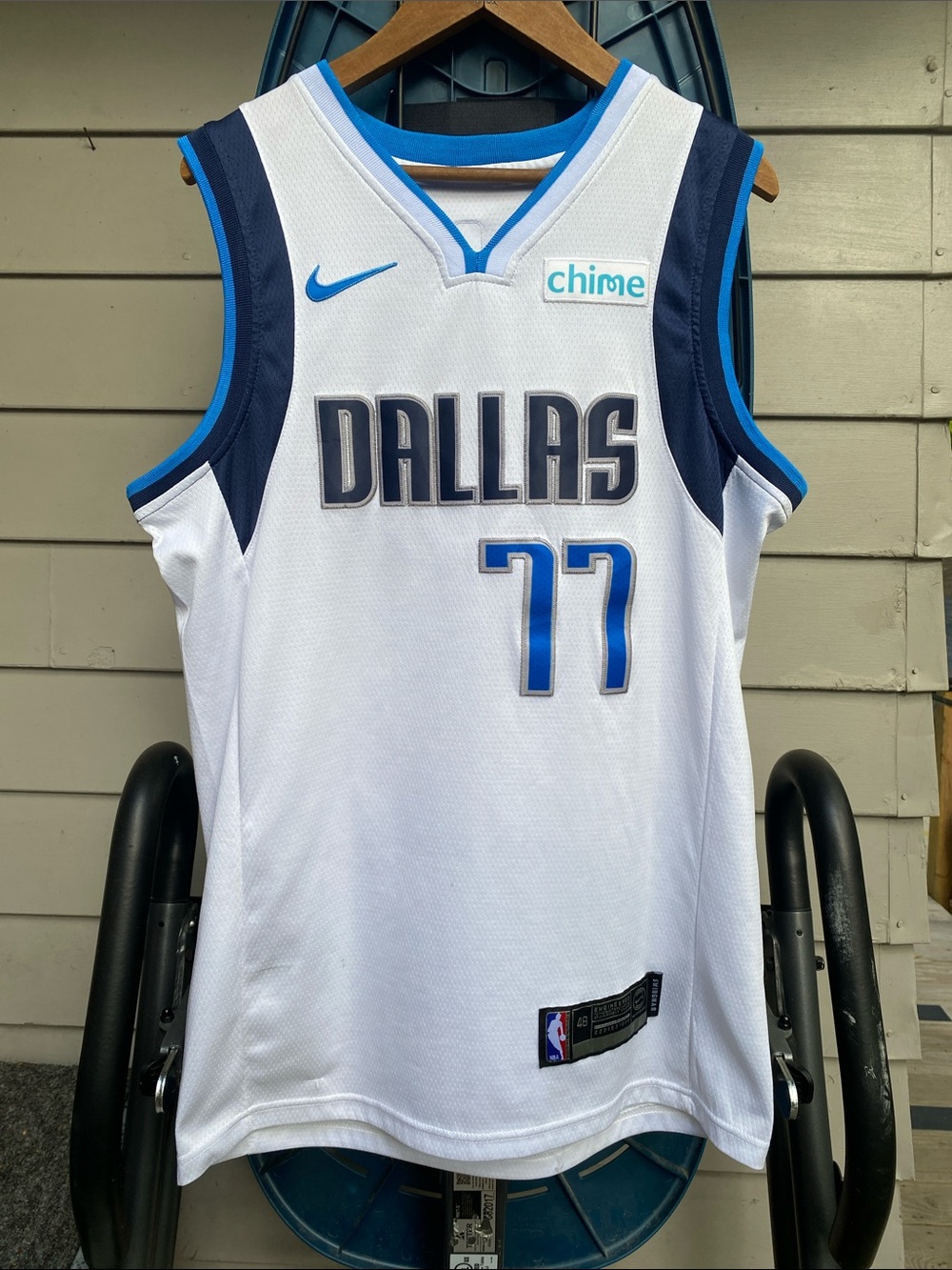 Nike White & Blue Dallas Mavericks Luka Jersey #77 with chime sponsor